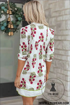 White Frilled V Neck 3/4 Sleeve Loose Floral Dress