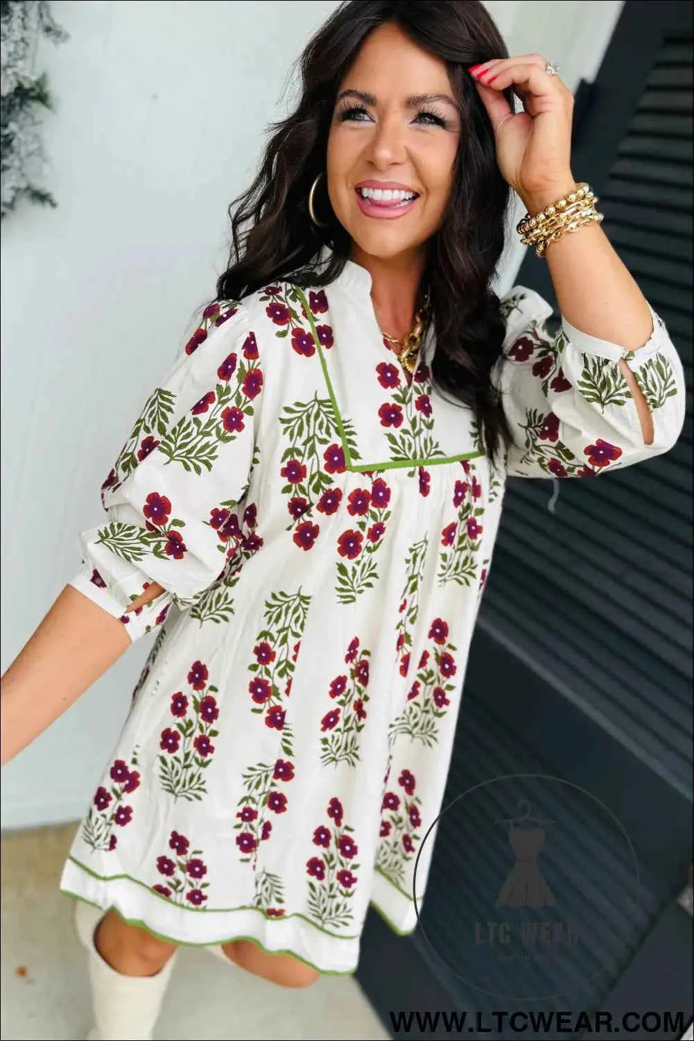 White Frilled V Neck 3/4 Sleeve Loose Floral Dress