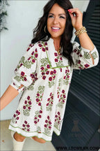 White Frilled V Neck 3/4 Sleeve Loose Floral Dress