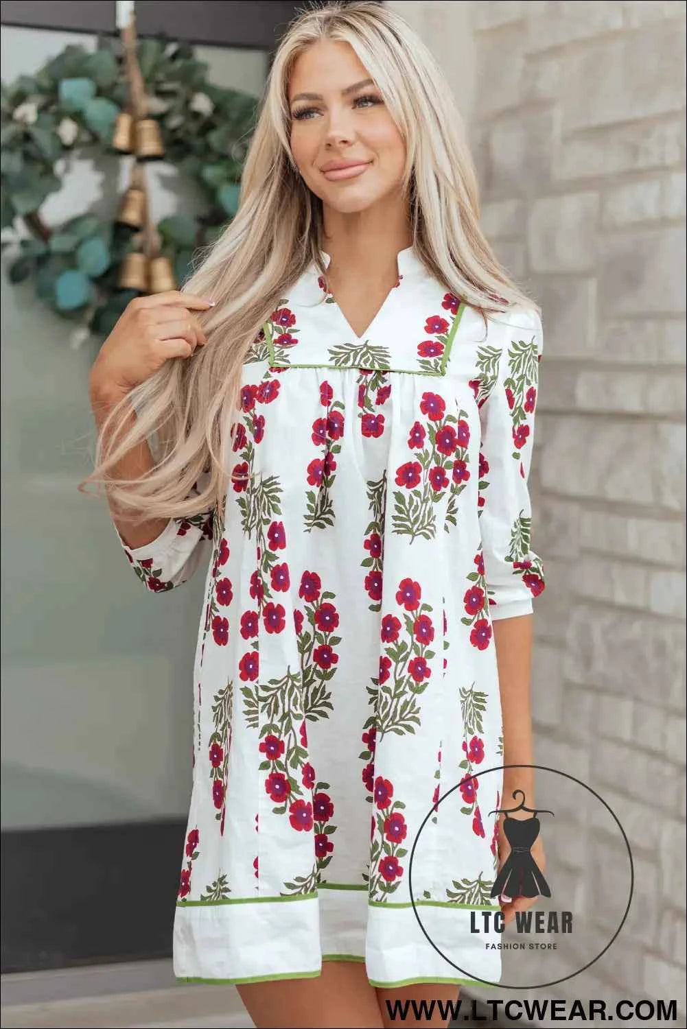White Frilled V Neck 3/4 Sleeve Loose Floral Dress