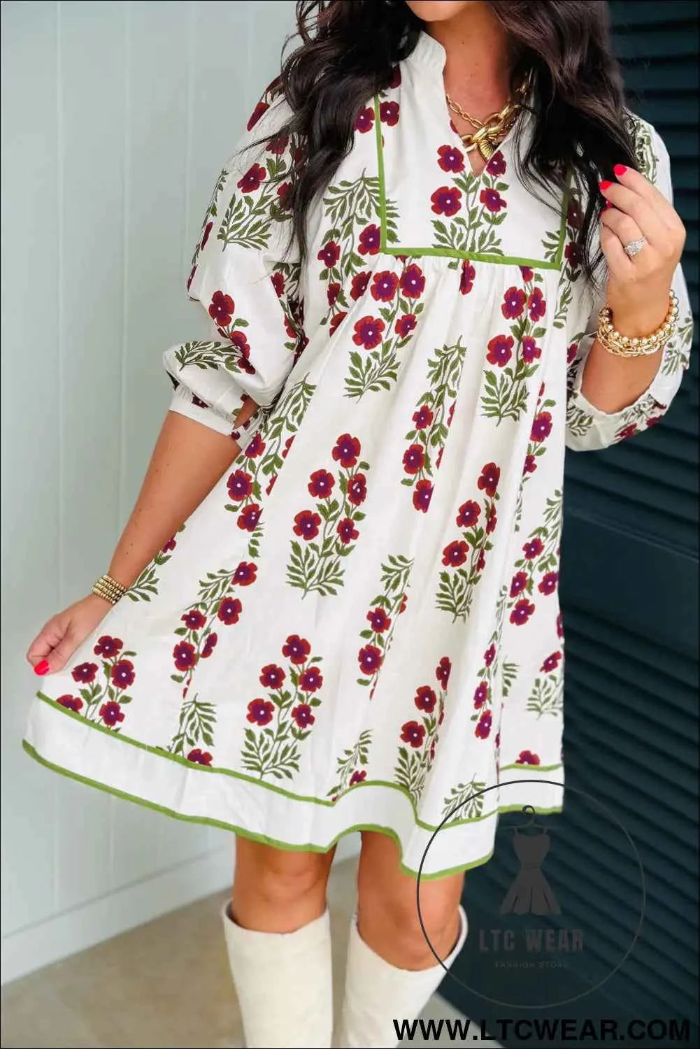 White Frilled V Neck 3/4 Sleeve Loose Floral Dress