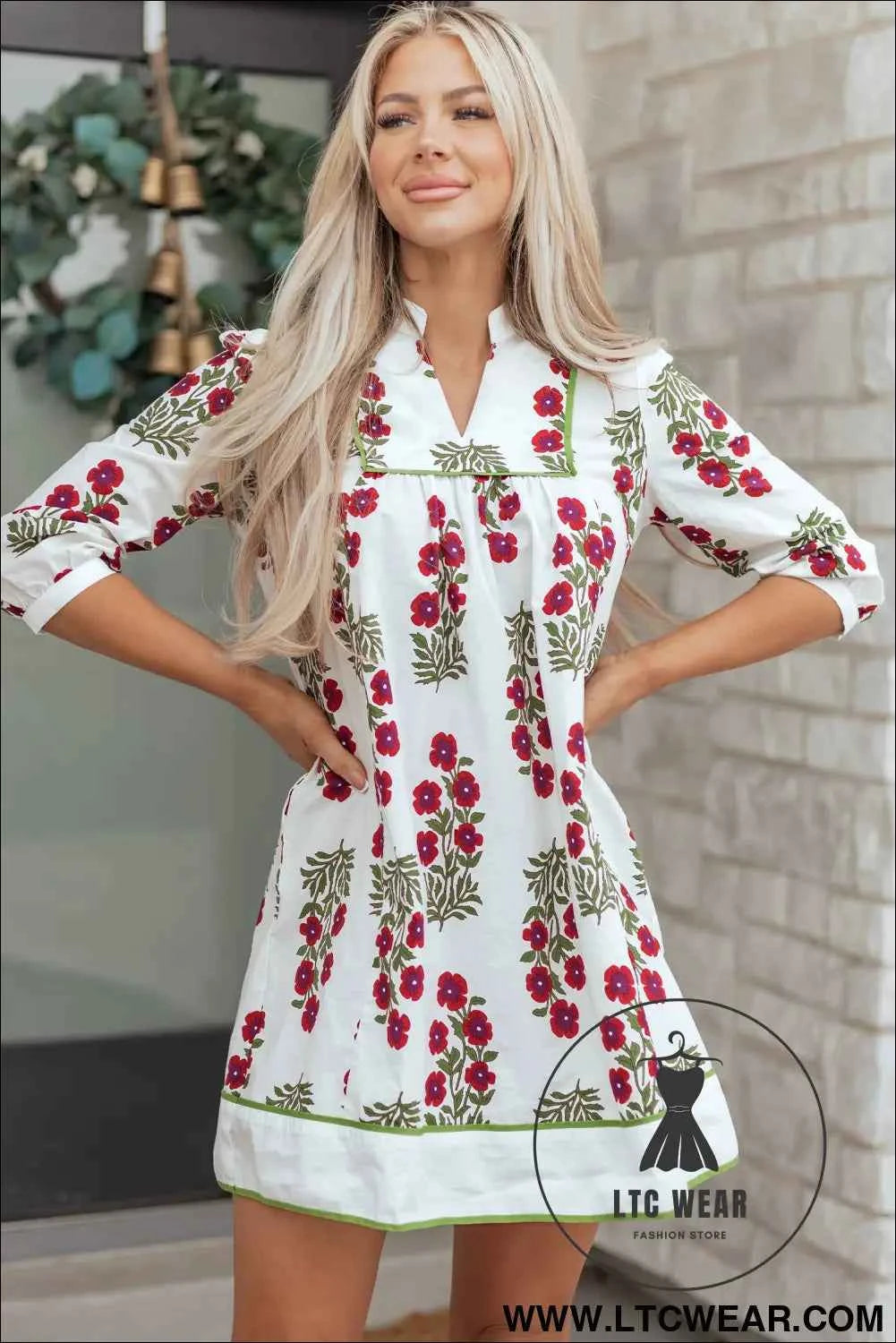 White Frilled V Neck 3/4 Sleeve Loose Floral Dress