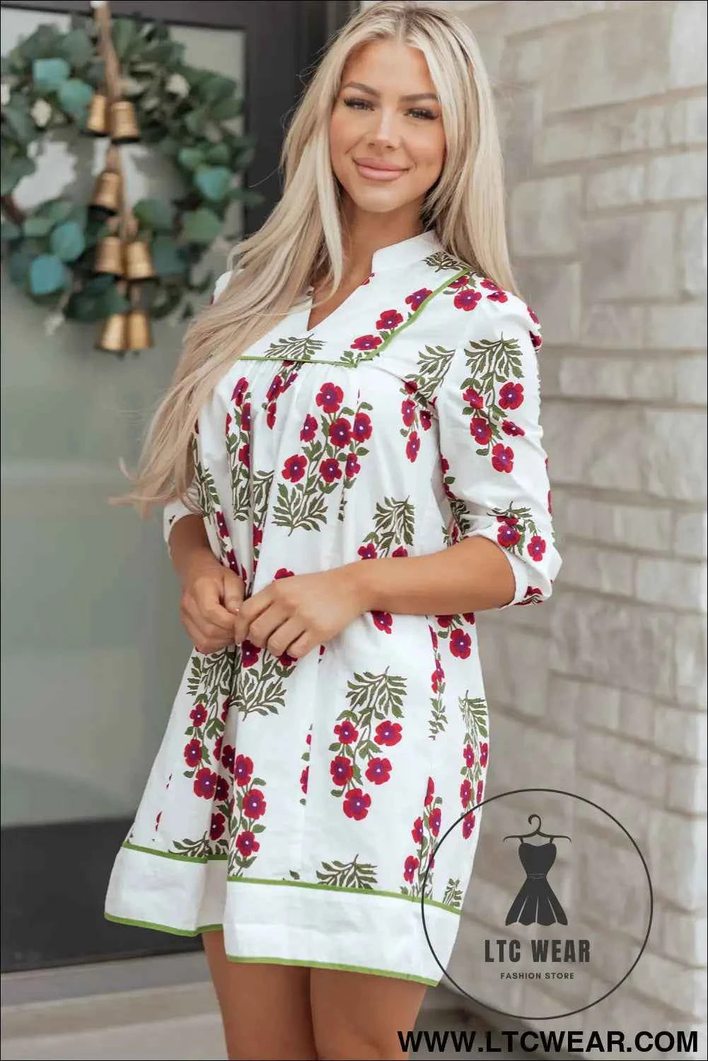 White Frilled V Neck 3/4 Sleeve Loose Floral Dress