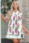 White Frilled V Neck 3/4 Sleeve Loose Floral Dress