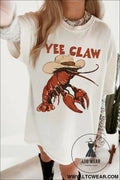 White funny western print short sleeve lobster graphic tee - white / l / 95% cotton + 5% elastane - graphic tees