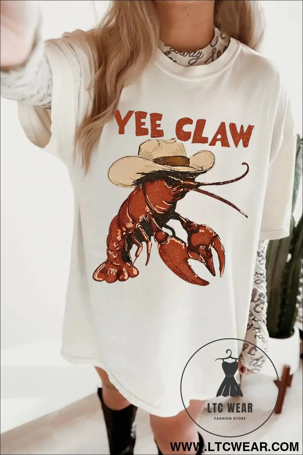 White funny western print short sleeve lobster graphic tee - white / l / 95% cotton + 5% elastane - graphic tees