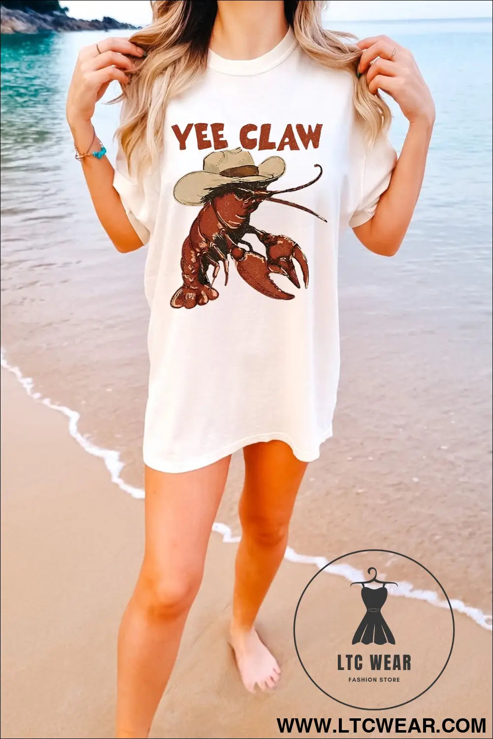 White funny western print short sleeve lobster graphic tee - graphic tees