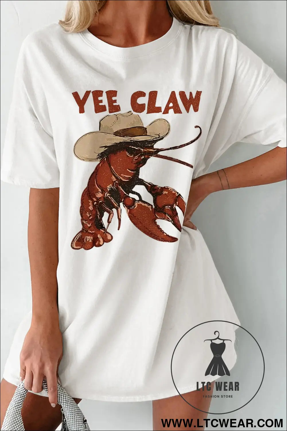 White funny western print short sleeve lobster graphic tee - graphic tees