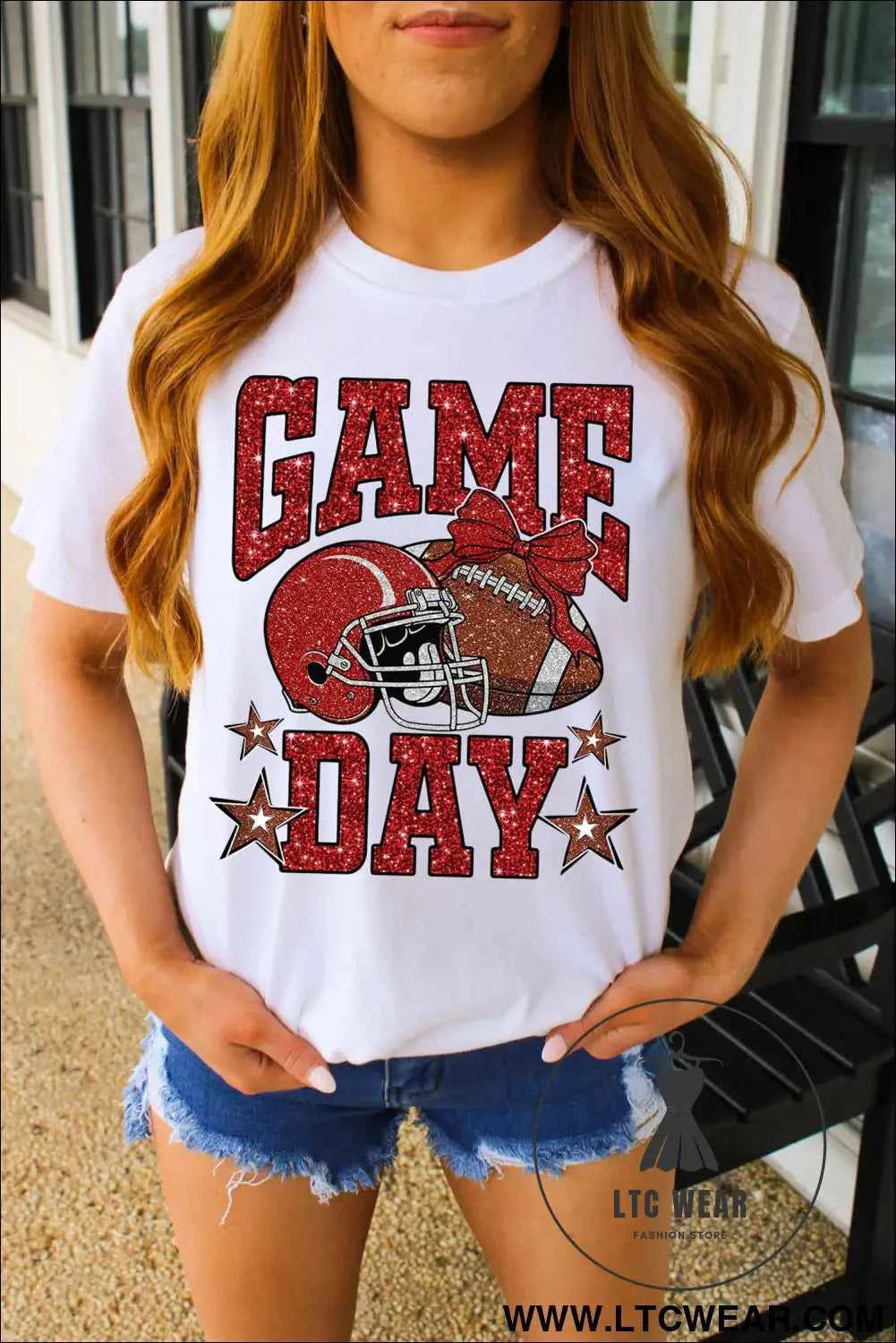 White Glitter GAME DAY Rugby Printed Short Sleeve Casual Tee