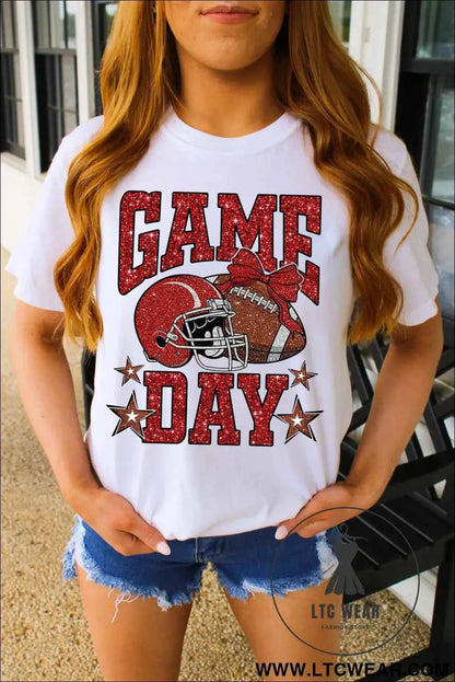 White Glitter GAME DAY Rugby Printed Short Sleeve Casual Tee