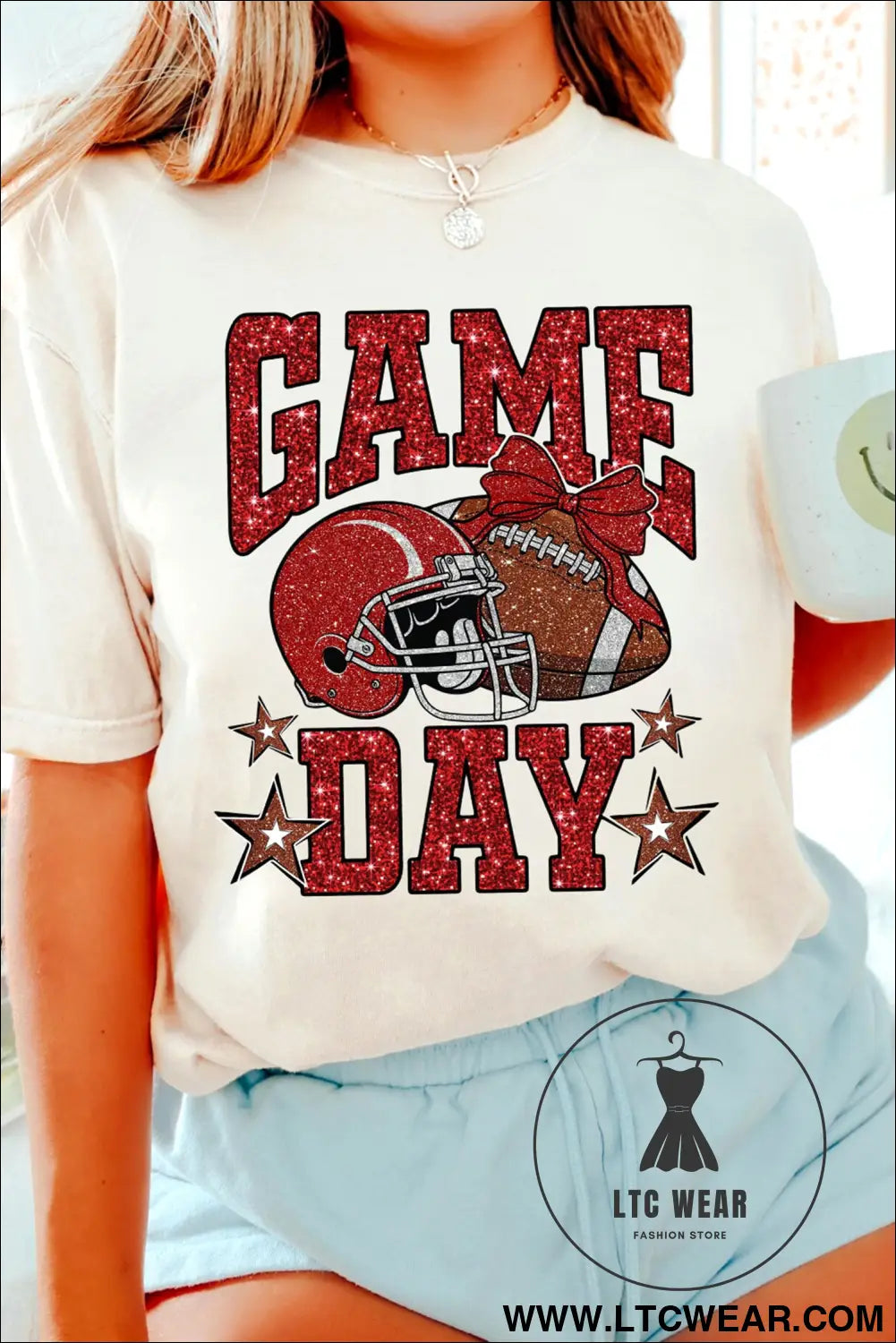 White glitter game day rugby printed short sleeve casual tee - graphic tees