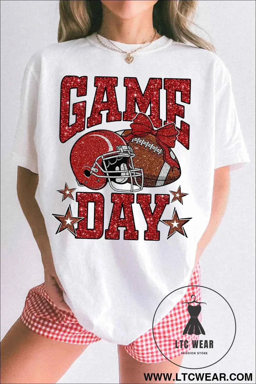 White Glitter GAME DAY Rugby Printed Short Sleeve Casual Tee