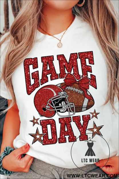 White glitter game day rugby printed short sleeve casual tee - graphic tees