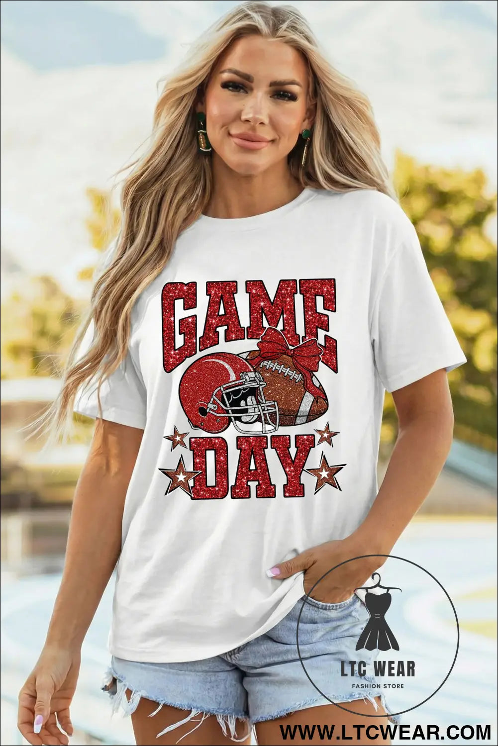 White glitter game day rugby printed short sleeve casual tee - graphic tees
