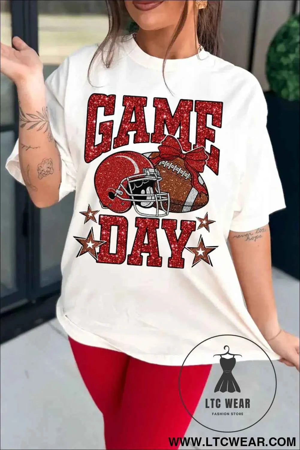 White Glitter GAME DAY Rugby Printed Short Sleeve Casual Tee