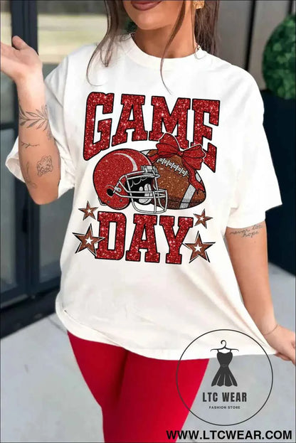 White Glitter GAME DAY Rugby Printed Short Sleeve Casual Tee