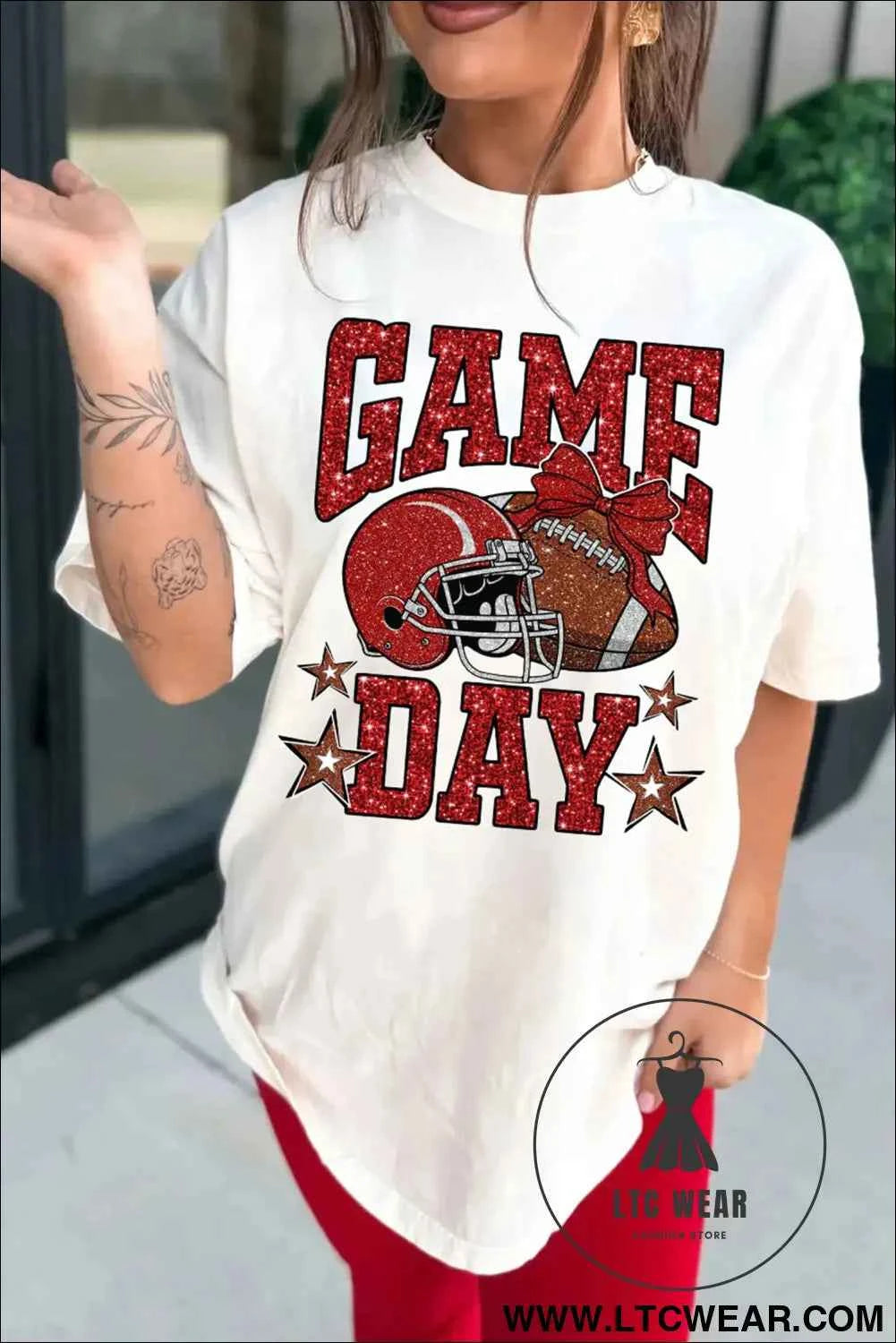 White Glitter GAME DAY Rugby Printed Short Sleeve Casual Tee