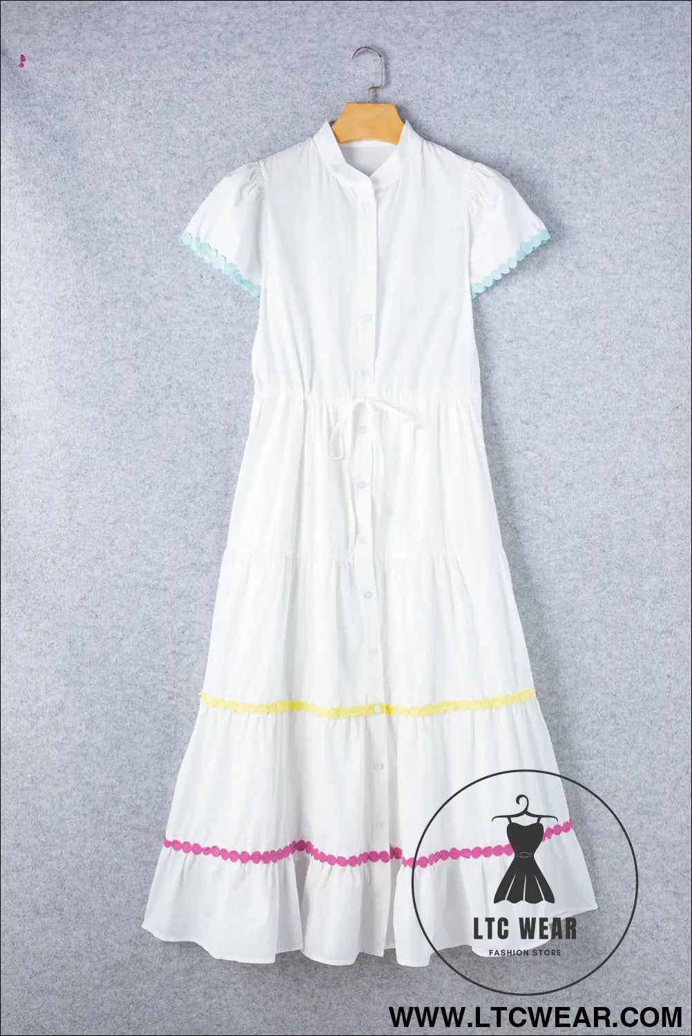 White high waist short sleeve tiered shirt dress - 20%