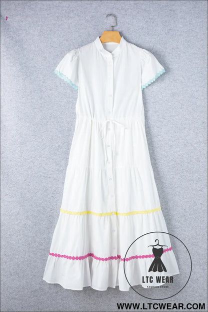 White high waist short sleeve tiered shirt dress - 20%