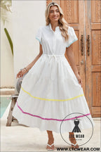 White high waist short sleeve tiered shirt dress - 20%