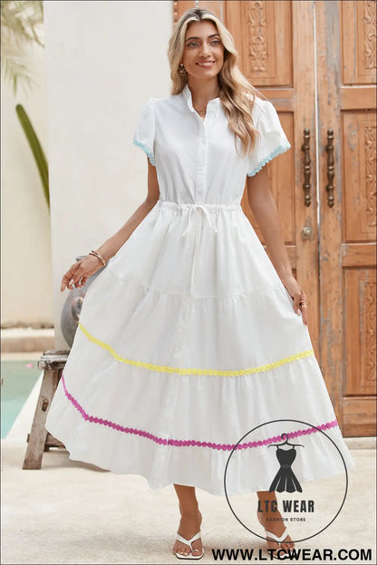 White high waist short sleeve tiered shirt dress - 20%