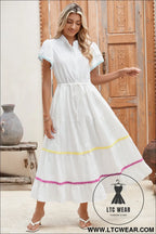 White high waist short sleeve tiered shirt dress - 20%
