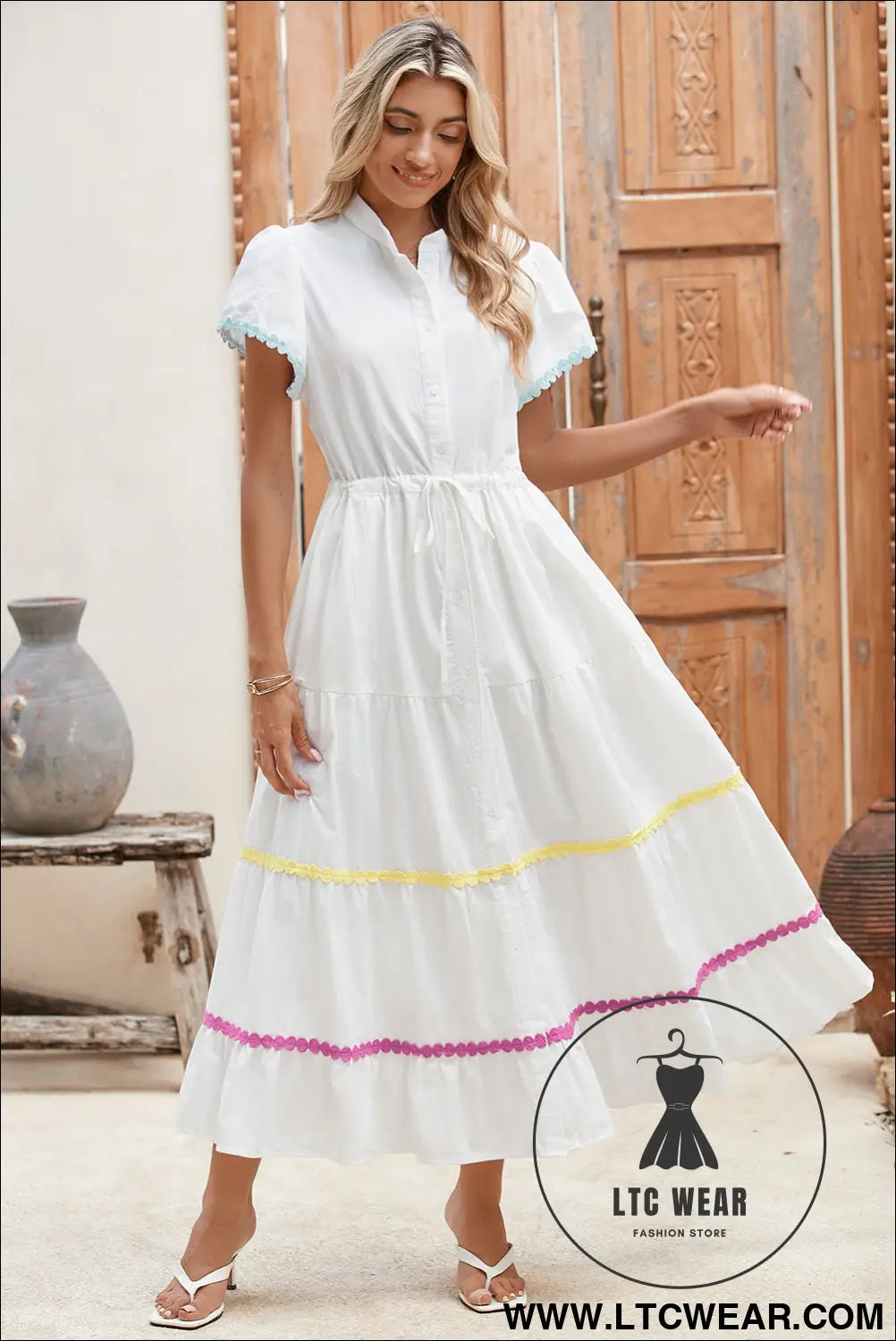White high waist short sleeve tiered shirt dress - 20%