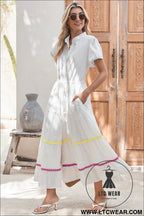 White high waist short sleeve tiered shirt dress - 20%