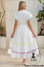 White high waist short sleeve tiered shirt dress - 20%