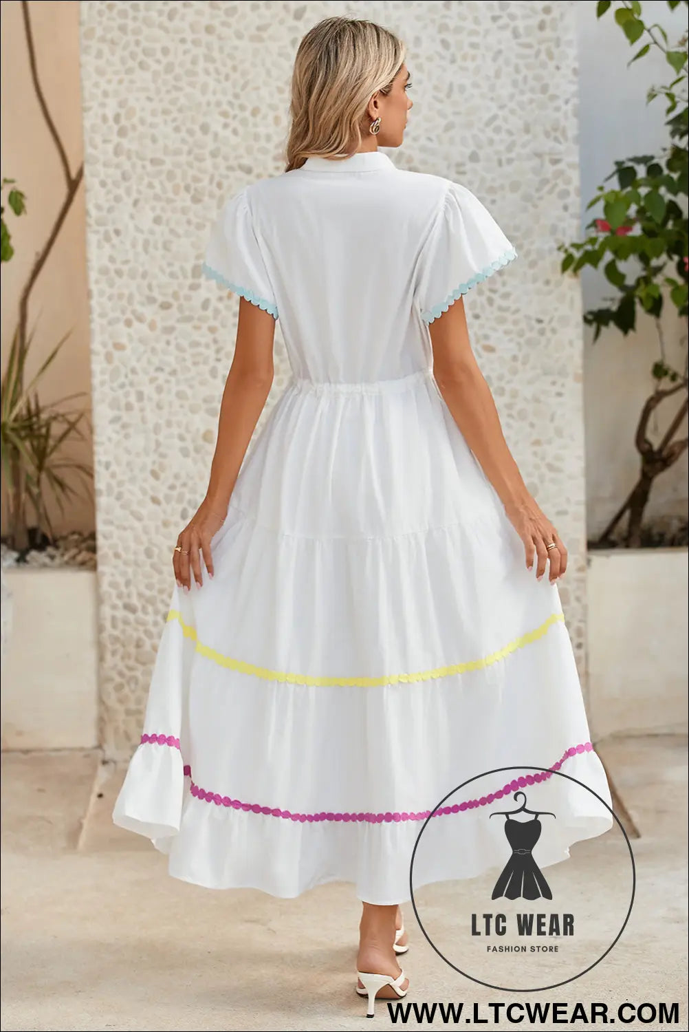 White high waist short sleeve tiered shirt dress - 20%