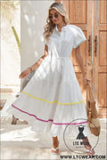 White high waist short sleeve tiered shirt dress - white / l / 100% cotton - 20%