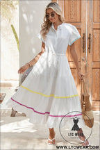 White high waist short sleeve tiered shirt dress - white / l / 100% cotton - 20%