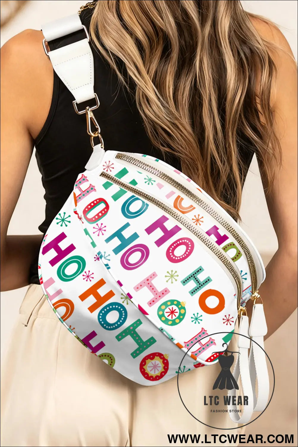 White ho ho ho print double zip crossbody bag - white / one size / 95% pu + 5% alloy - crossbody bags