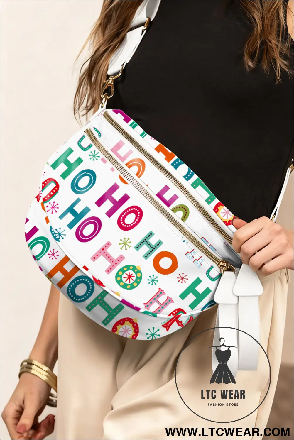 White ho ho ho print double zip crossbody bag - white / one size / 95% pu + 5% alloy - crossbody bags