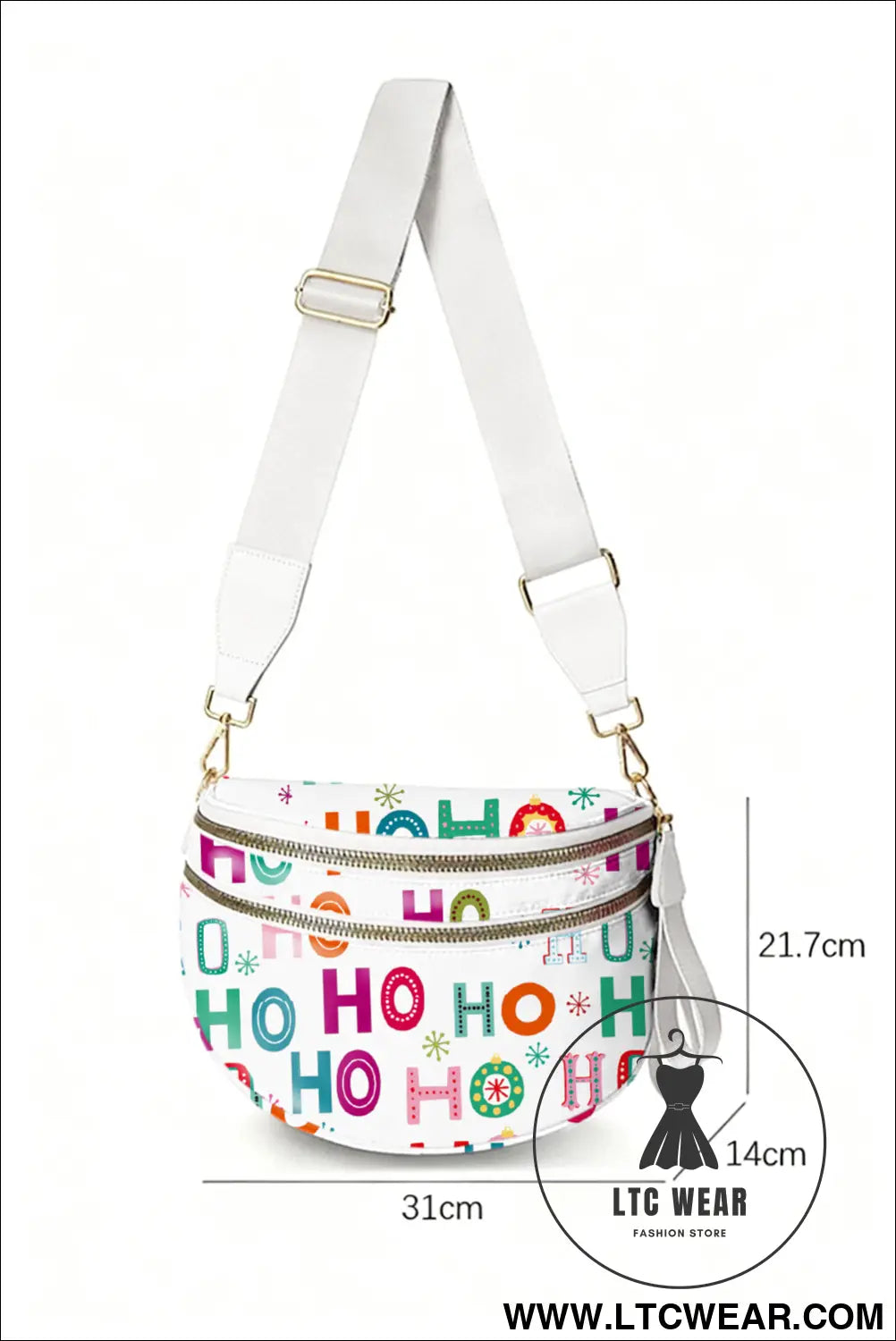 White ho ho ho print double zip crossbody bag - white / one size / 95% pu + 5% alloy - crossbody bags