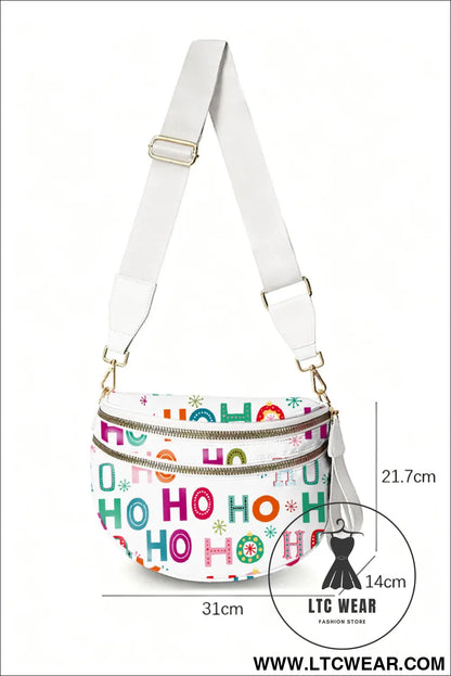 White ho ho ho print double zip crossbody bag - white / one size / 95% pu + 5% alloy - crossbody bags