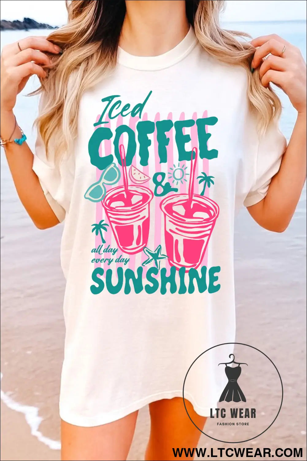 White iced coffee sunshine vacation graphic tunic t shirt - white / l / 95% cotton + 5% elastane - graphic tees