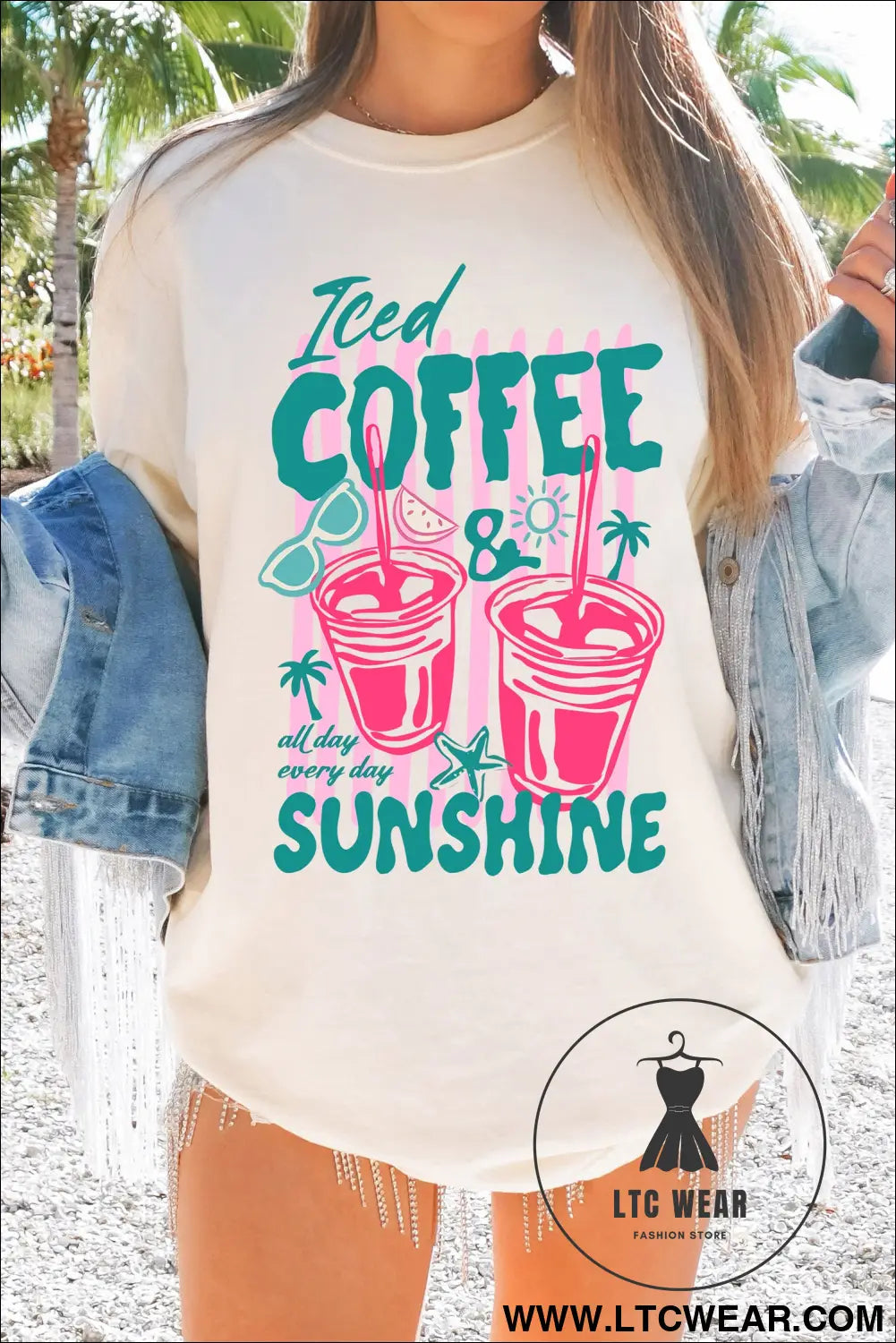 White iced coffee sunshine vacation graphic tunic t shirt - graphic tees