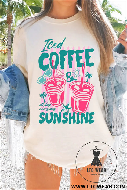 White iced coffee sunshine vacation graphic tunic t shirt - graphic tees