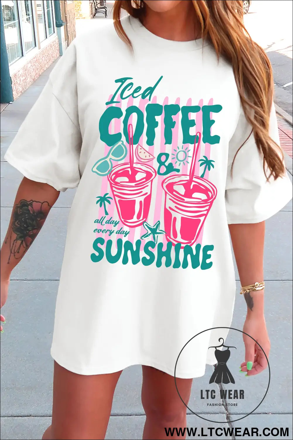 White iced coffee sunshine vacation graphic tunic t shirt - graphic tees