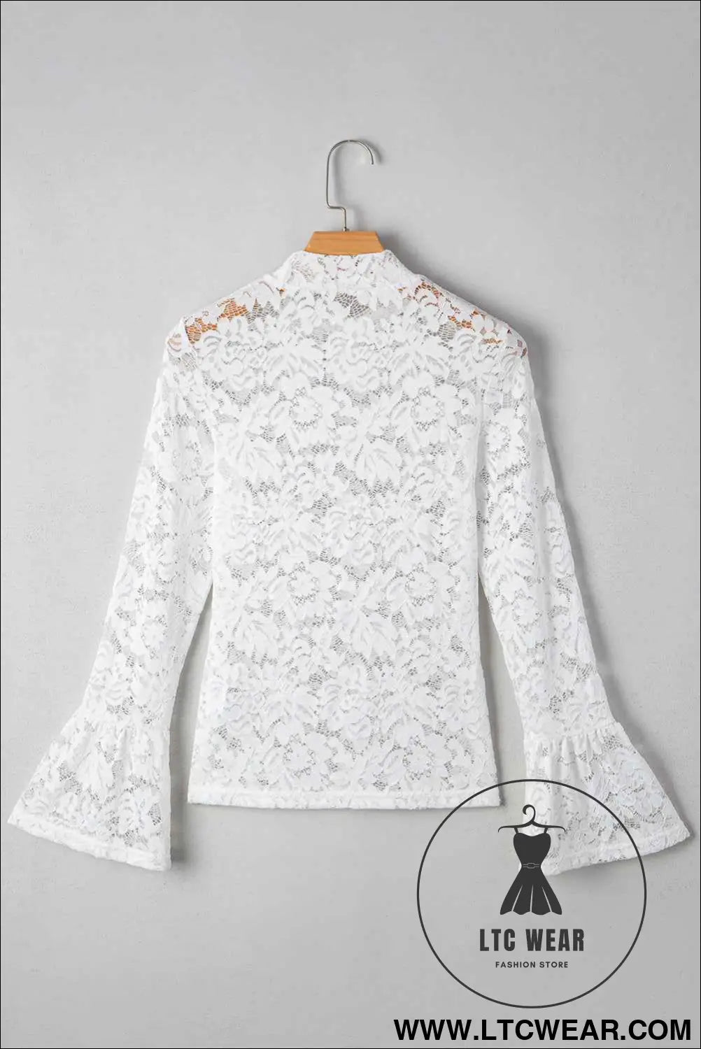 White Lace Crochet Bell Sleeve Mock Neck Blouse
