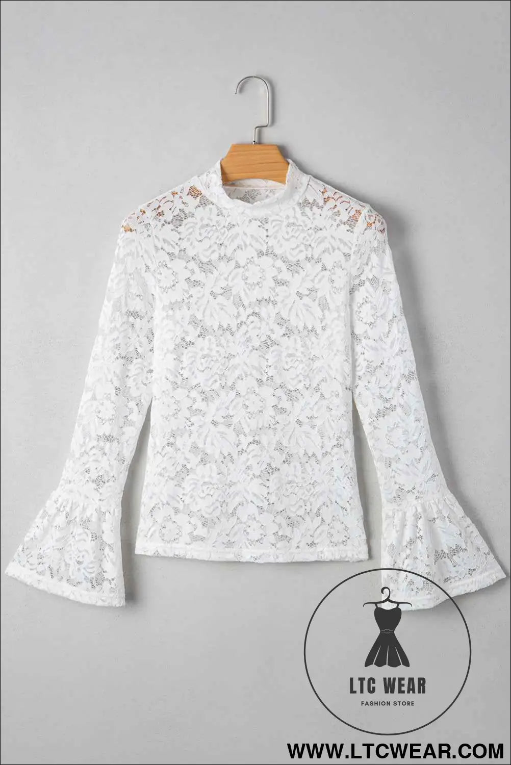 White Lace Crochet Bell Sleeve Mock Neck Blouse