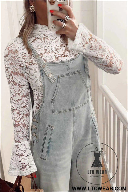 White Lace Crochet Bell Sleeve Mock Neck Blouse