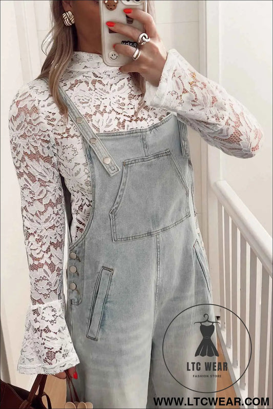 White Lace Crochet Bell Sleeve Mock Neck Blouse