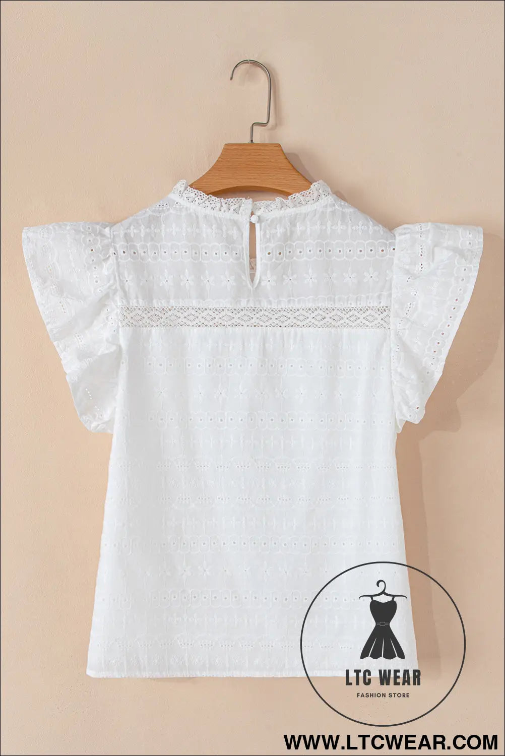 White lace neck flutter sleeve eyelet blouse - 15%