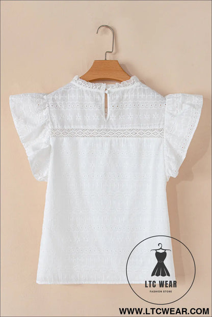 White lace neck flutter sleeve eyelet blouse - 15%