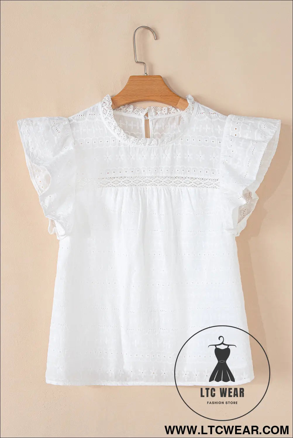White lace neck flutter sleeve eyelet blouse - 15%