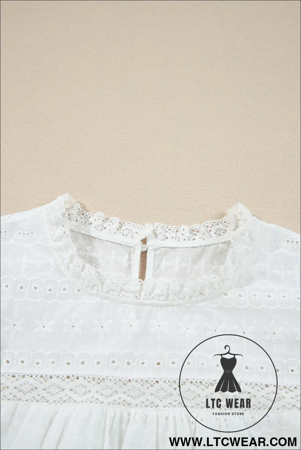 White lace neck flutter sleeve eyelet blouse - 15%