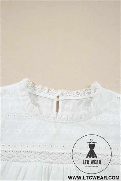 White lace neck flutter sleeve eyelet blouse - 15%