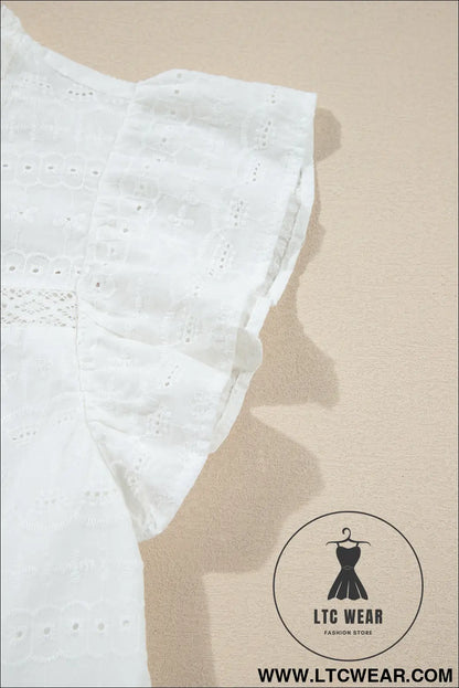 White lace neck flutter sleeve eyelet blouse - 15%